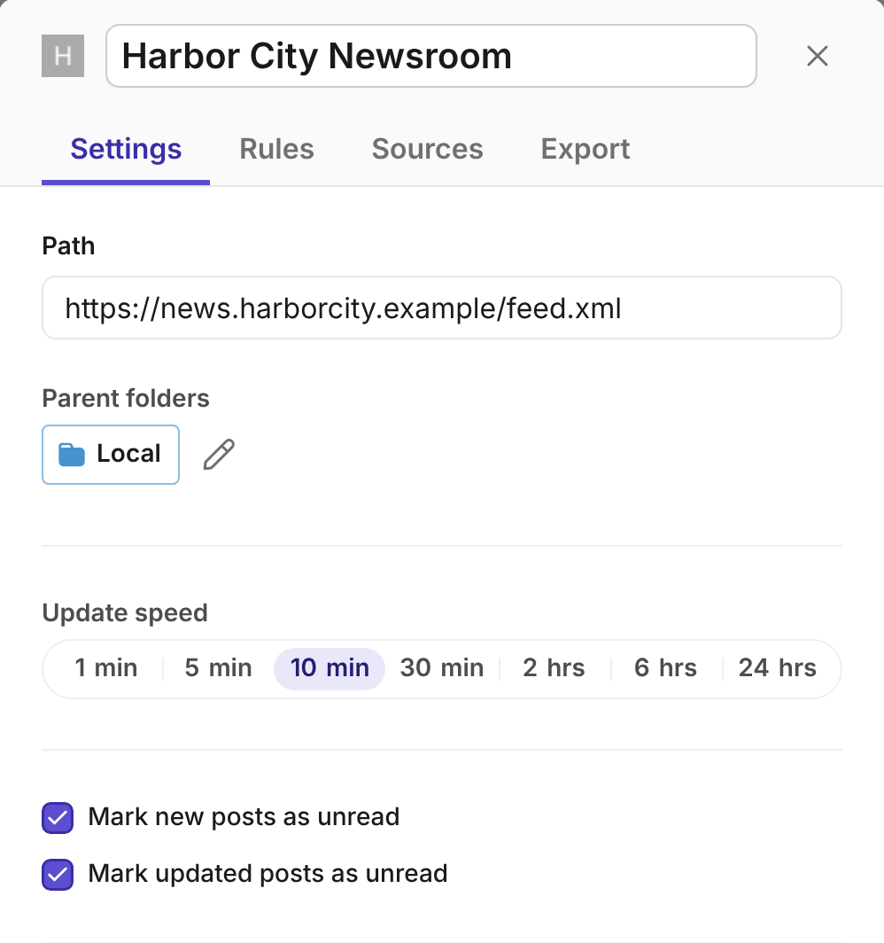 A feed's Settings tab with Mark updated posts as unread selected.