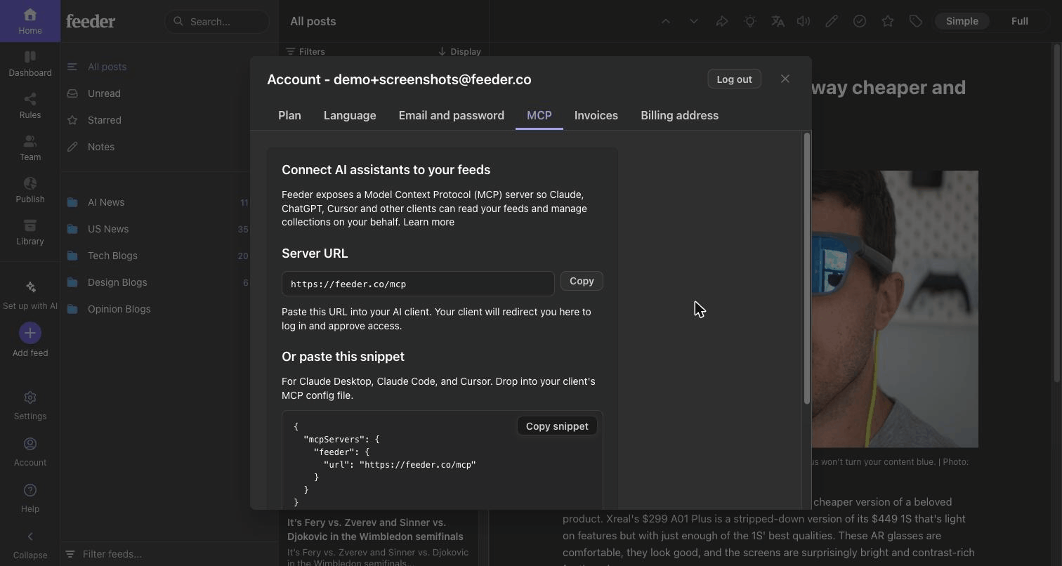 The MCP settings page with the server URL and config snippet.